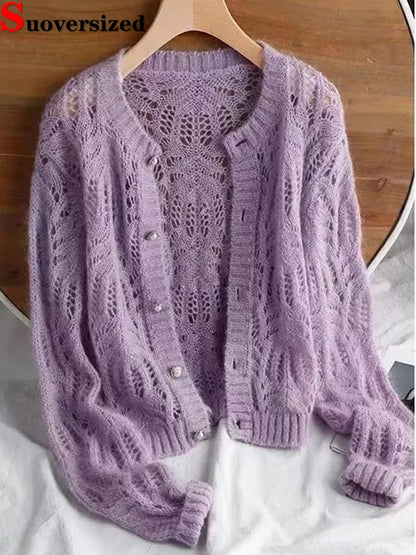 Cardigan court en tricot ajouré pour femmes