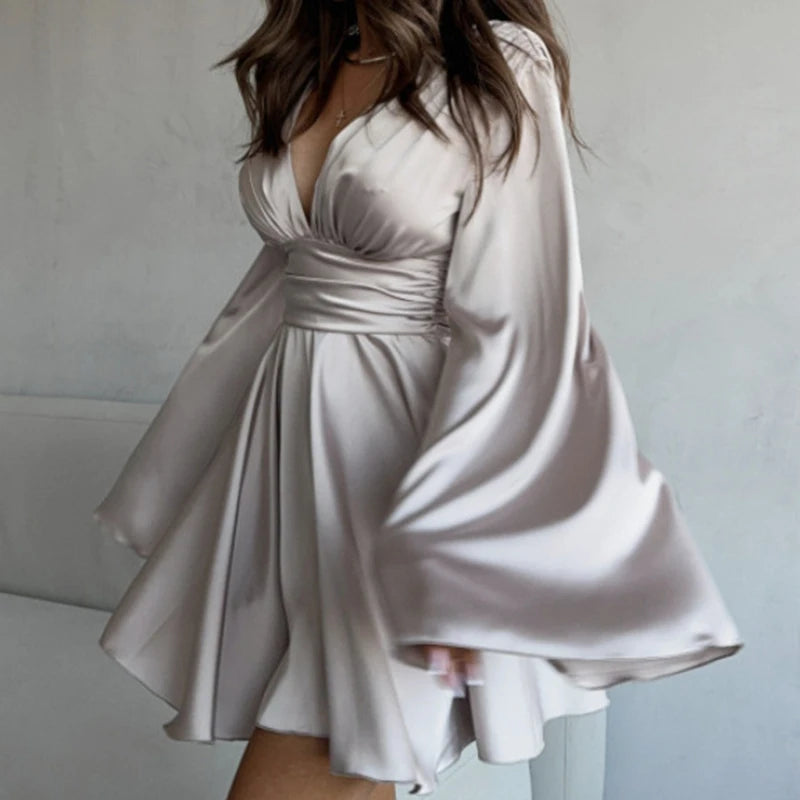 Robe de Soirée en Satin Évasée à Manches pour Femme