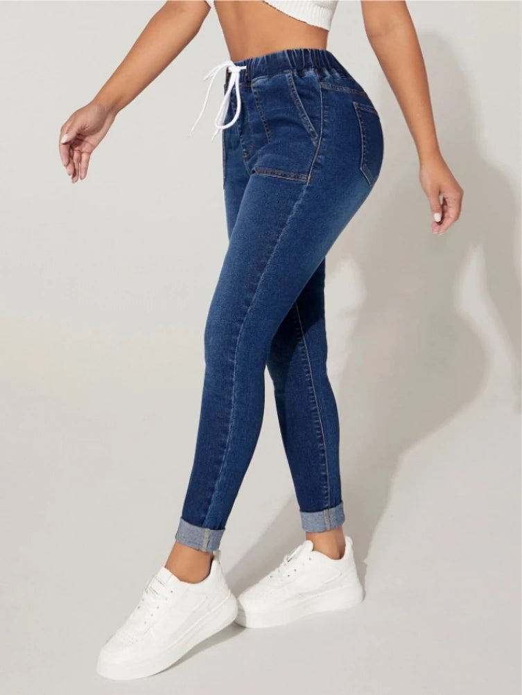 Jeans skinny taille haute pour femmes mode taille élastique à lacets Slim