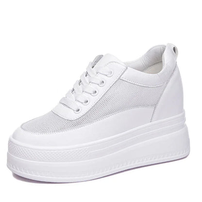 Baskets à semelle compensée, chaussures d'été blanches en cuir véritable de vache, 9cm