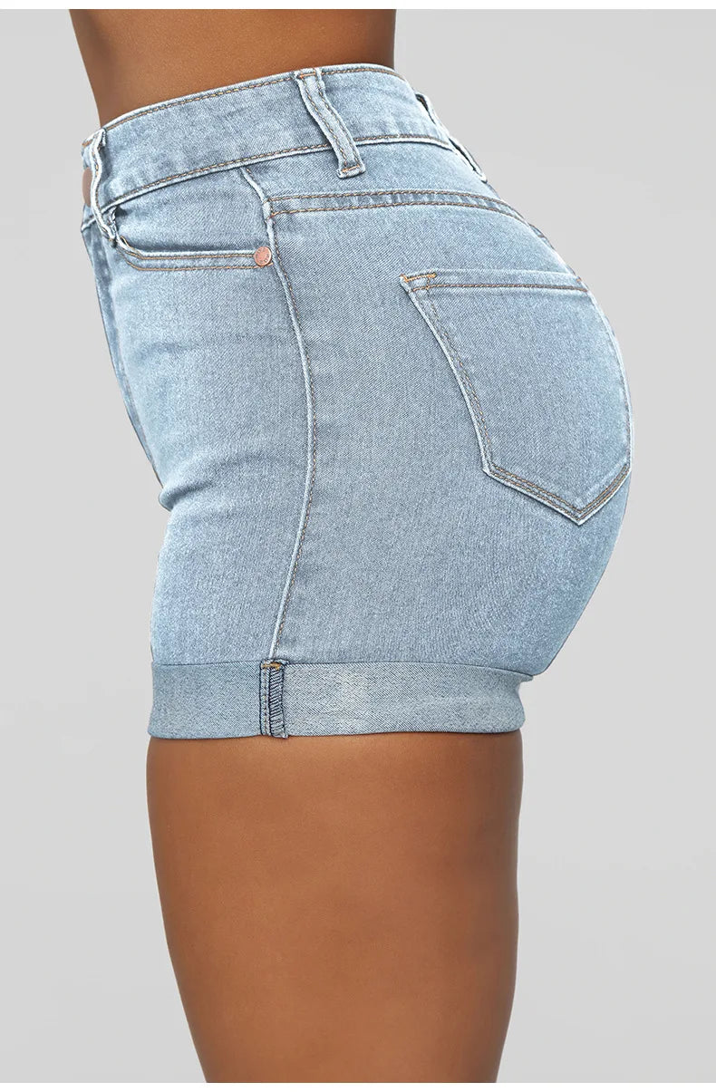 Short en jean pour femmes mi- taille bouclée