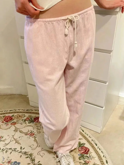 Pantalon à rayures roses pour femmes, taille haute, en lin,