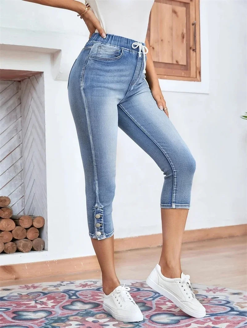 Jean Slim pour Femme, Pantalon Crayon à Taille élastique, Longueur Mollet