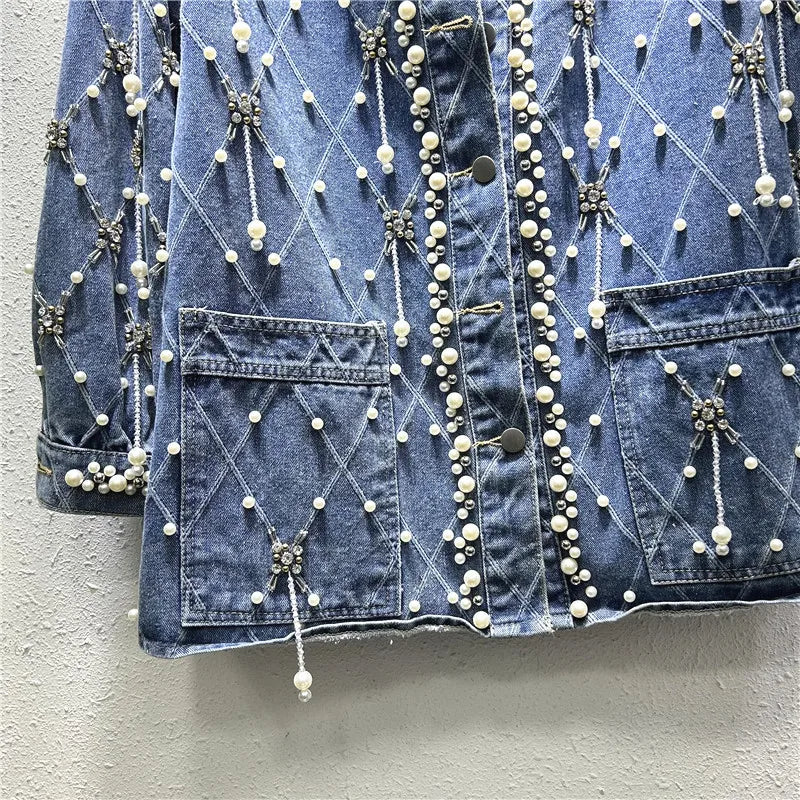 Veste en jean mi-longue à perles et diamants pour femme