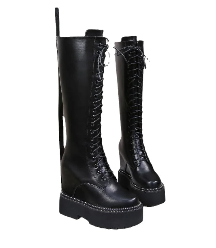 Bottes hautes en cuir et microcarence pour femme, 12cm, semelle compensée, peluche, fermeture éclair