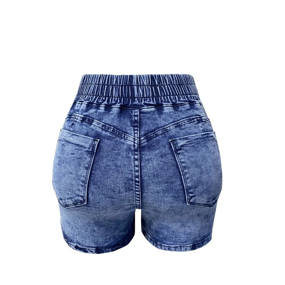 Short en jean d'été pour femme, taille élastique