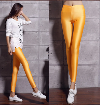 Legging de yoga sexy longueur cheville, couleur bonbon, soie glacée brillante, slim, taille haute pour femmes