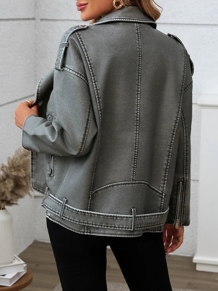 Veste rétro  avec ceinture ample en simili cuir pour femmes