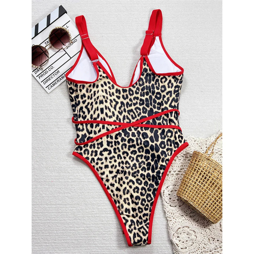 Maillot de bain une pièce léopard à décolleté plongeant en V pour femmes