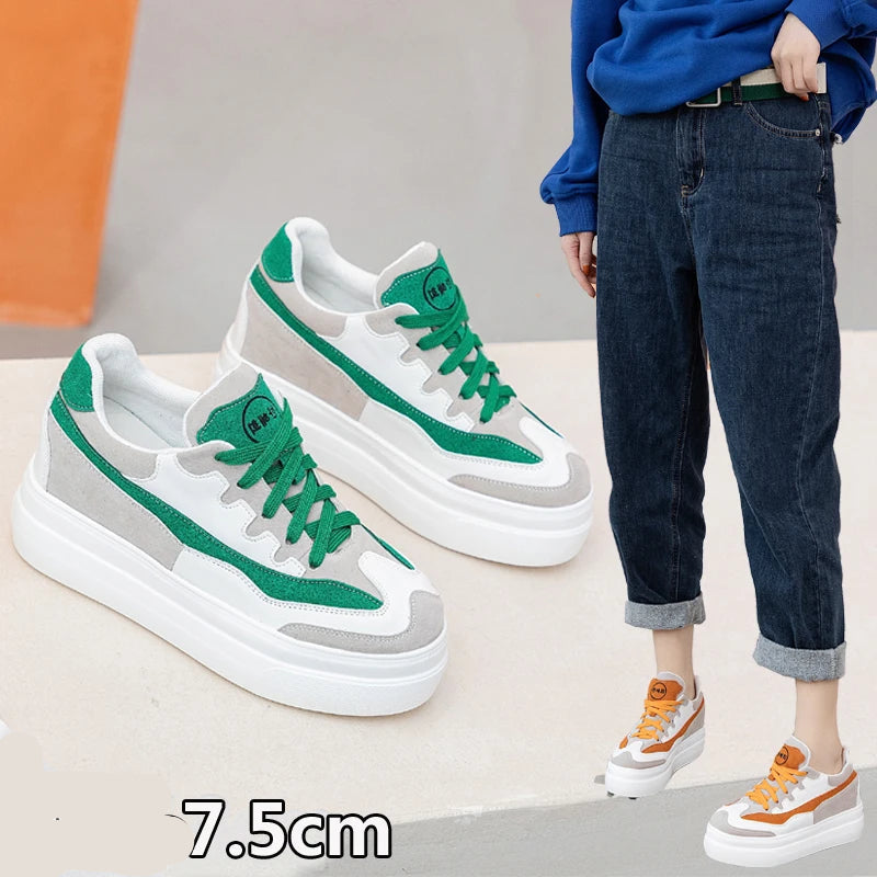 Baskets à semelles compensées 7cm en cuir véritable grande taille pour femmes