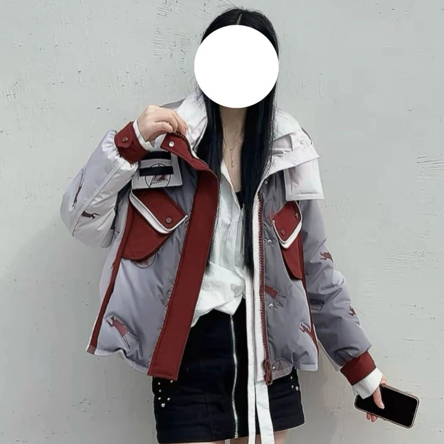 Doudoune à capuche imprimée dégradée, Streetwear brillant pour femme