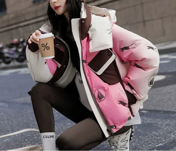 Doudoune à capuche imprimée dégradée, Streetwear brillant pour femme