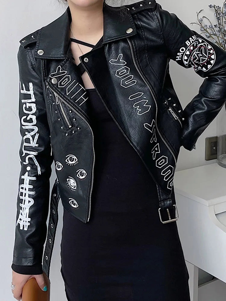 Veste vintage Graffiti imprimé Slim pu similicuir pour femme