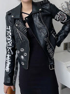 Veste vintage Graffiti imprimé Slim pu similicuir pour femme