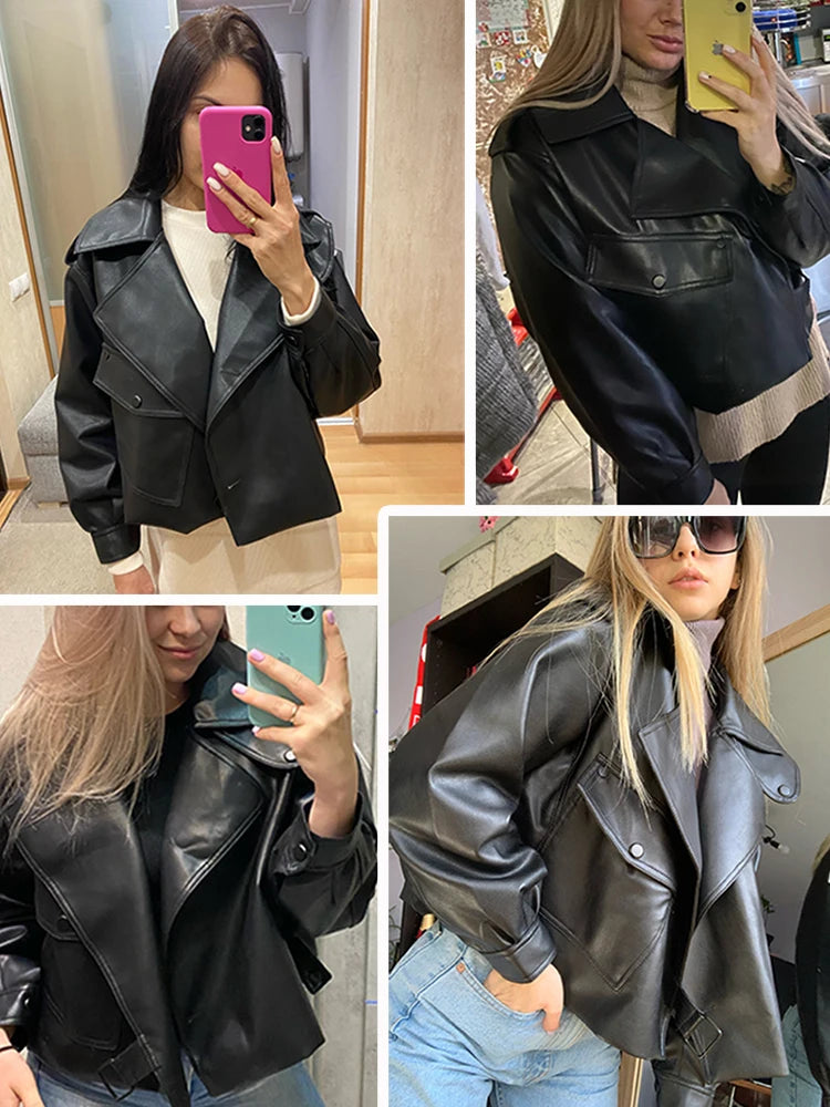 Veste en Faux cuir col rabattu pour femmes