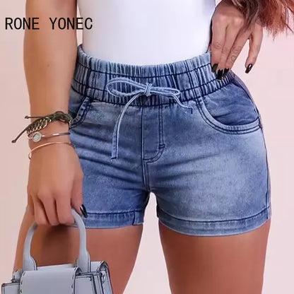 Short en jean taille haute élastique pour femme