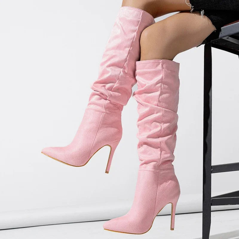 Bottes hautes plissé bout pointu pour femmes