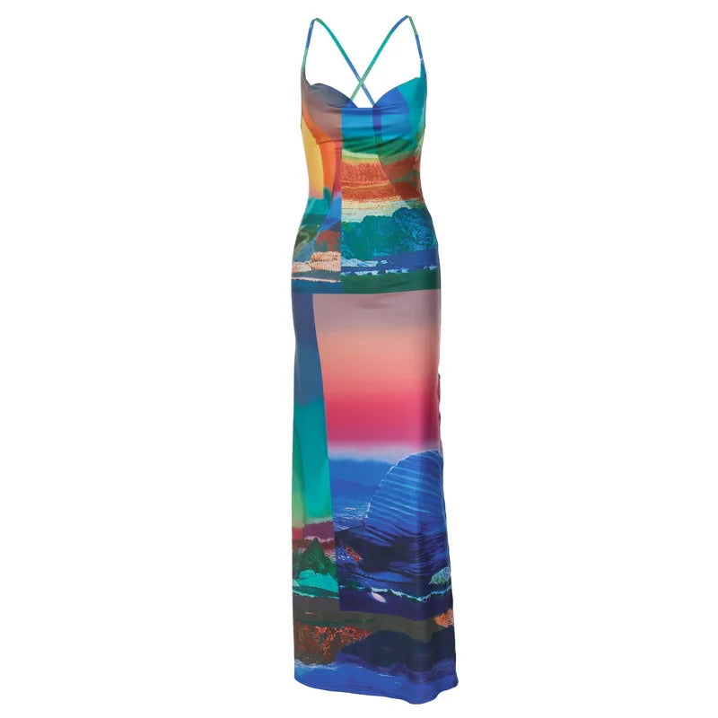 Robe Maxi imprimée de paysages colorés, dos nu, élégante, Sexy, Slim, pour femmes