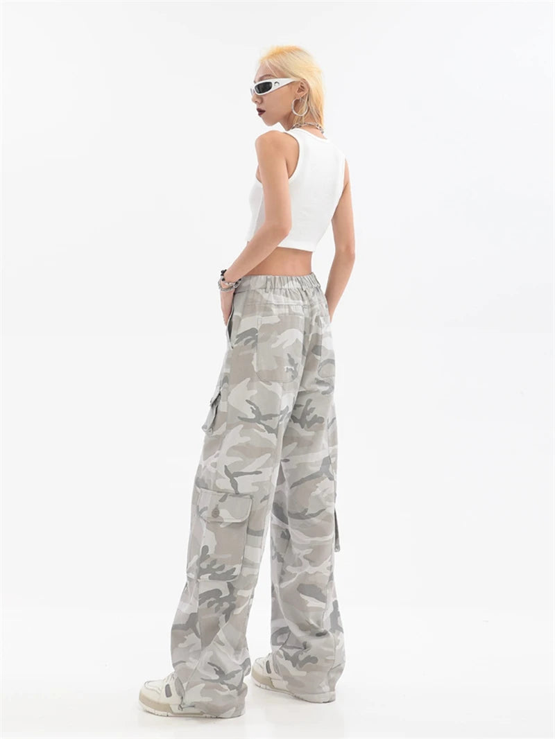 Pantalon cargo camouflage gris pour femme, style vintage