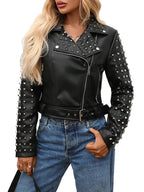 Veste avec rivet, ceinture, fermeture éclair noir Faux cuir pour femmes