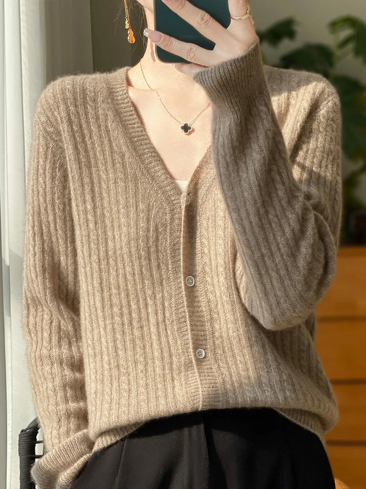 Cardigan à col en v pour femme, pull en cachemire