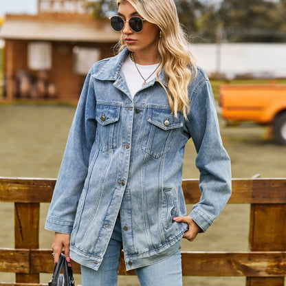 Vestes en jeans à manches longues, mode polyvalent mi-longueur, décontracté