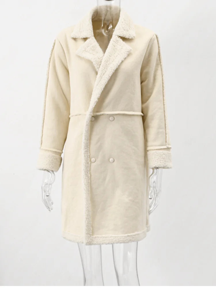 Manteau épissé en fausse laine d'agneau pour femme, col rabattu, manches longues