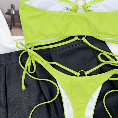 Maillot de bain deux pièces Licou froissé à bretelles coupe haute pour femmes