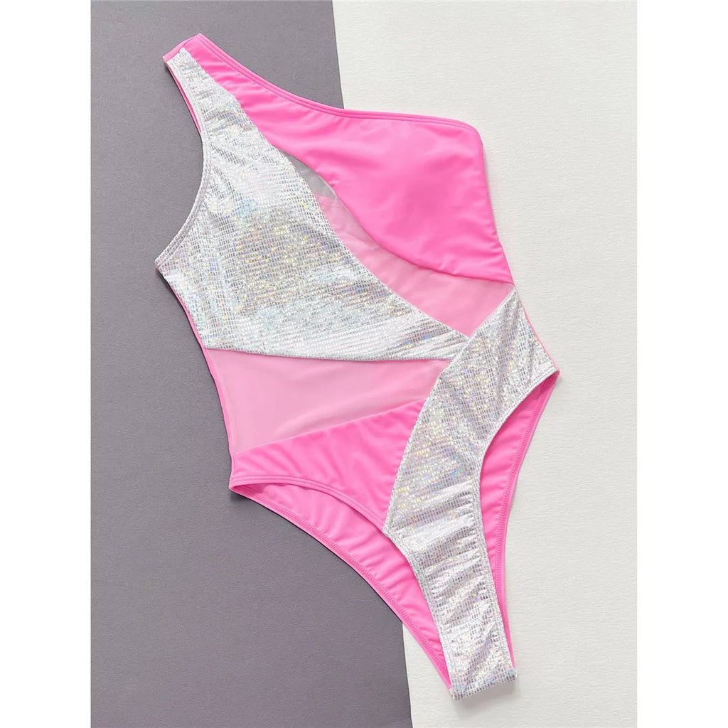 Maillot de bain une pièce à paillettes brillantes et asymétriques pour femmes