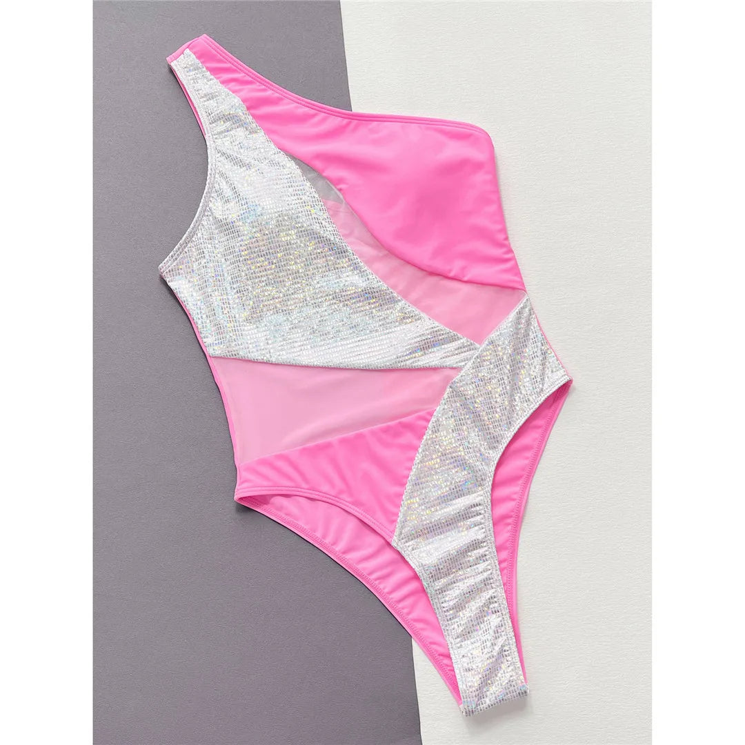 Maillot de bain une pièce à paillettes brillantes et asymétriques pour femmes