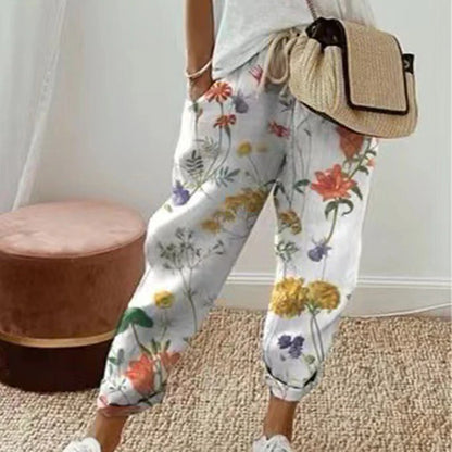 Pantalon Vintage imprimé Floral pour femmes, ample, longueur cheville, poches en coton et lin