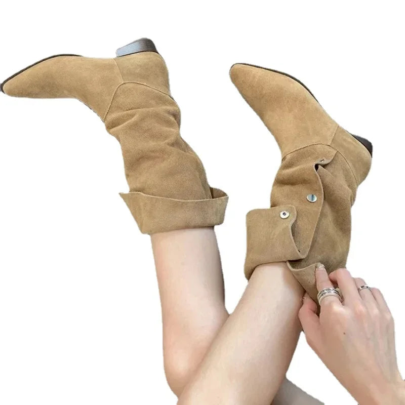 Bottes de cowboy rétro plissées au genou pour femmes, talons hauts pointus,