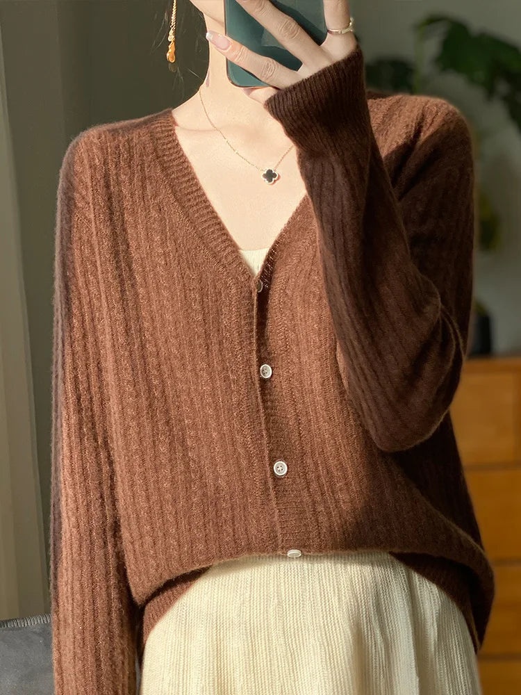 Cardigan à col en v pour femme, pull en cachemire