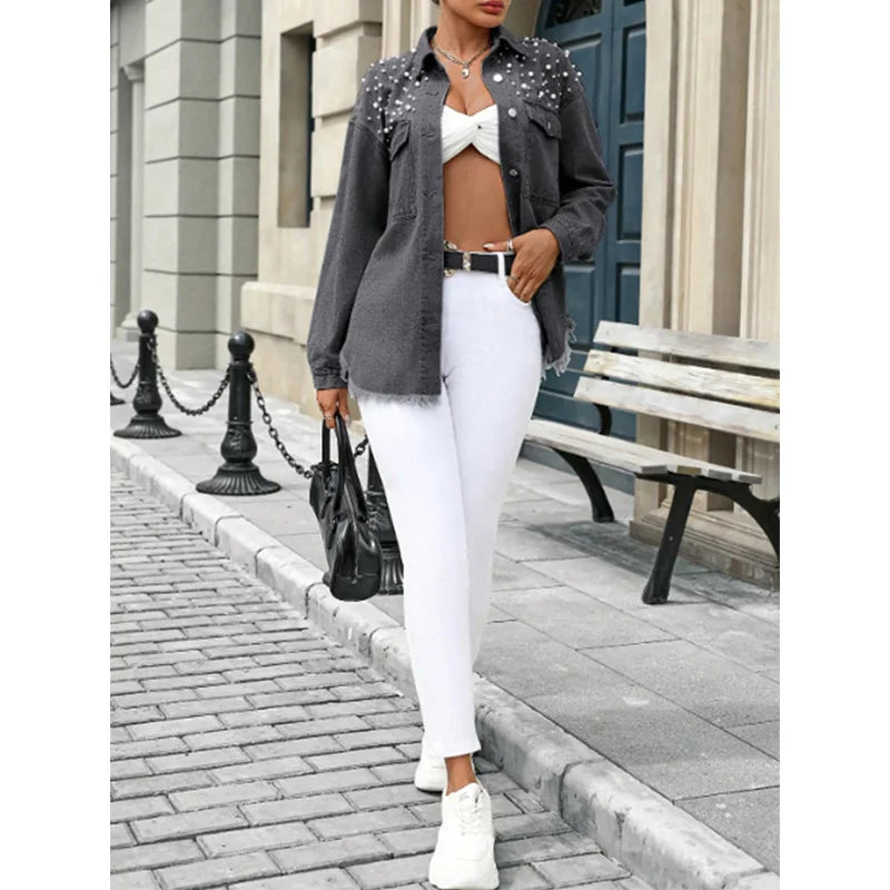 Veste en jean à ourlet frangé et perles pour femmes