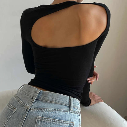 T-shirt décontracté à manches longues, couleur unie, ajouré, Streetwear, Slim, haut cour pour femmes