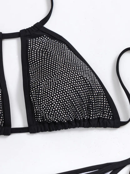 Bikini à paillettes brillantes pour femmes, maillot de bain deux pièces, col licou, amissié