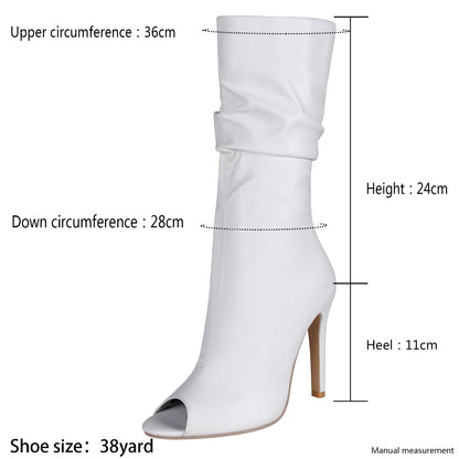 Bottines blanches à bout ouvert et talons hauts en cuir Pu, mi-mollet pour femmes