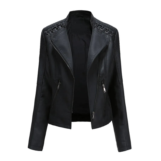 Veste de motard en cuir PU pour femme, manteau court, coupe couvertes, col montant, fermeture éclair