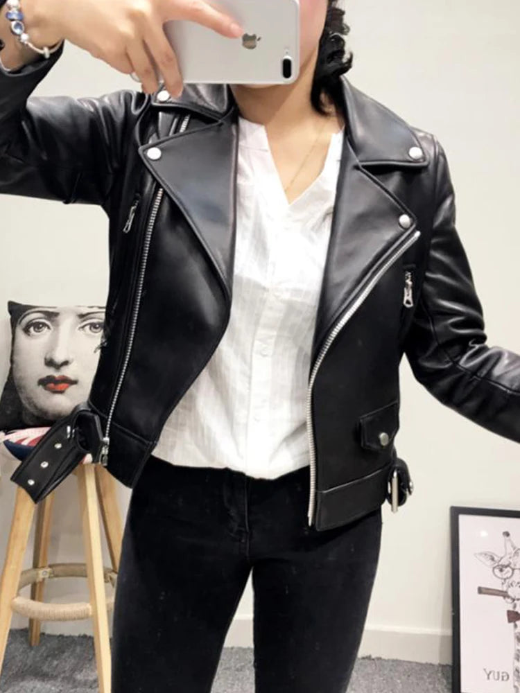 veste en cuir Pu avec fermeture éclair ceinture pour femmes