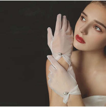 Gants courts en tulle avec perles pour femmes