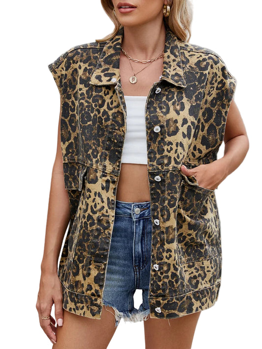 Veste en jean imprimé léopard rétro américain pour femmes