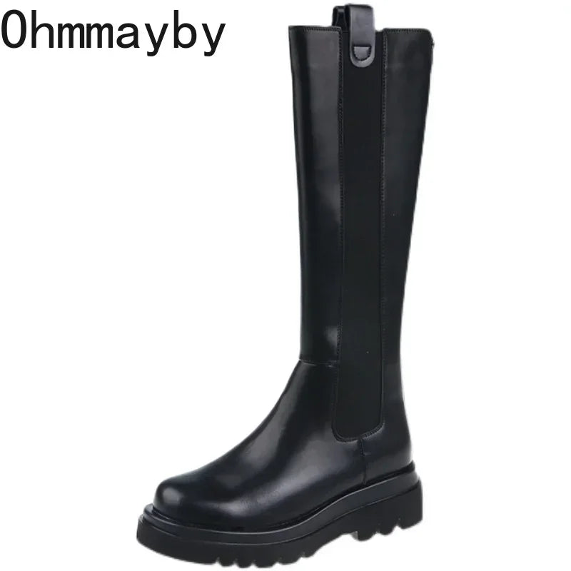 bottes de moto en cuir véritable pour femme, hauteur du genou, talon compensé, fermeture éclair, 10cm