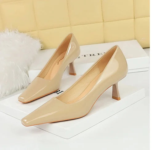 Chaussures en cuir verni simples pour femmes, talons hauts fins, bouche peu profonde, tête carrée