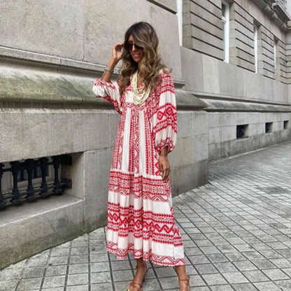 Robe Maxi style Boho pour femmes, manches bouffantes, Vintage, élégant, mode décontractée, imprimé Floral, col en v, ample