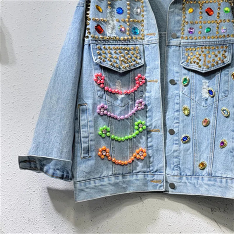 Veste en jean à rivets multicolores pour femme