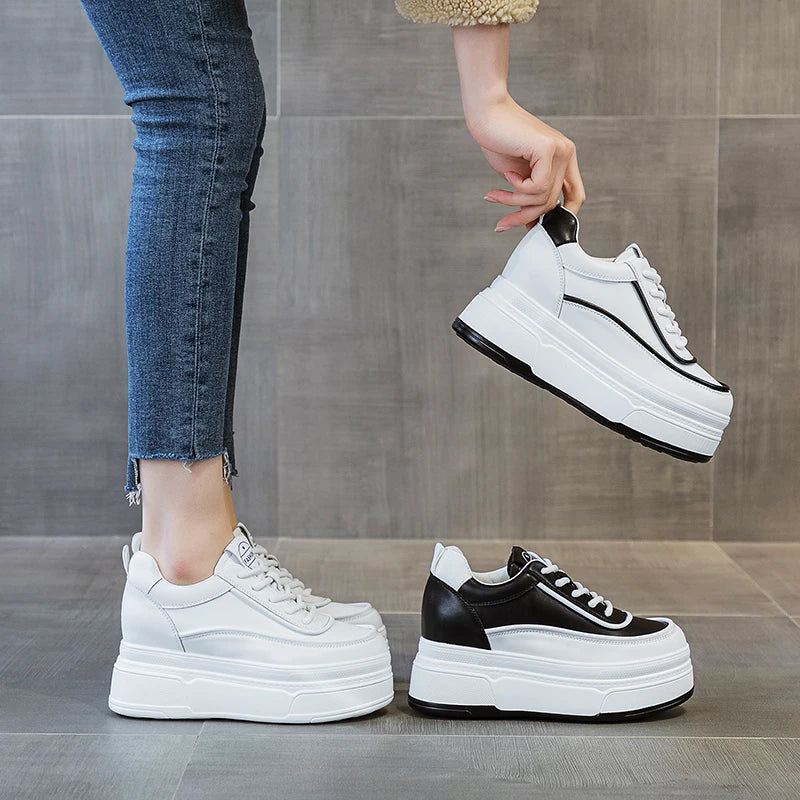 Baskets à plateforme en cuir véritable pour femmes