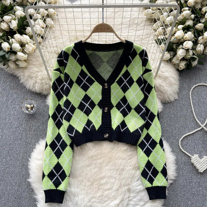 Cardigan en tricot à carreaux avec col en v pour femme