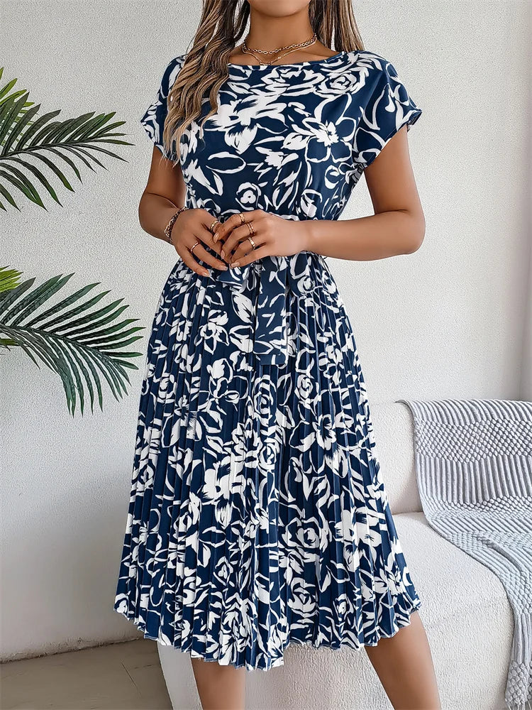 Robe longue décontractée à manches courtes pour femmes, col rond, à lacets, motif Floral plissé