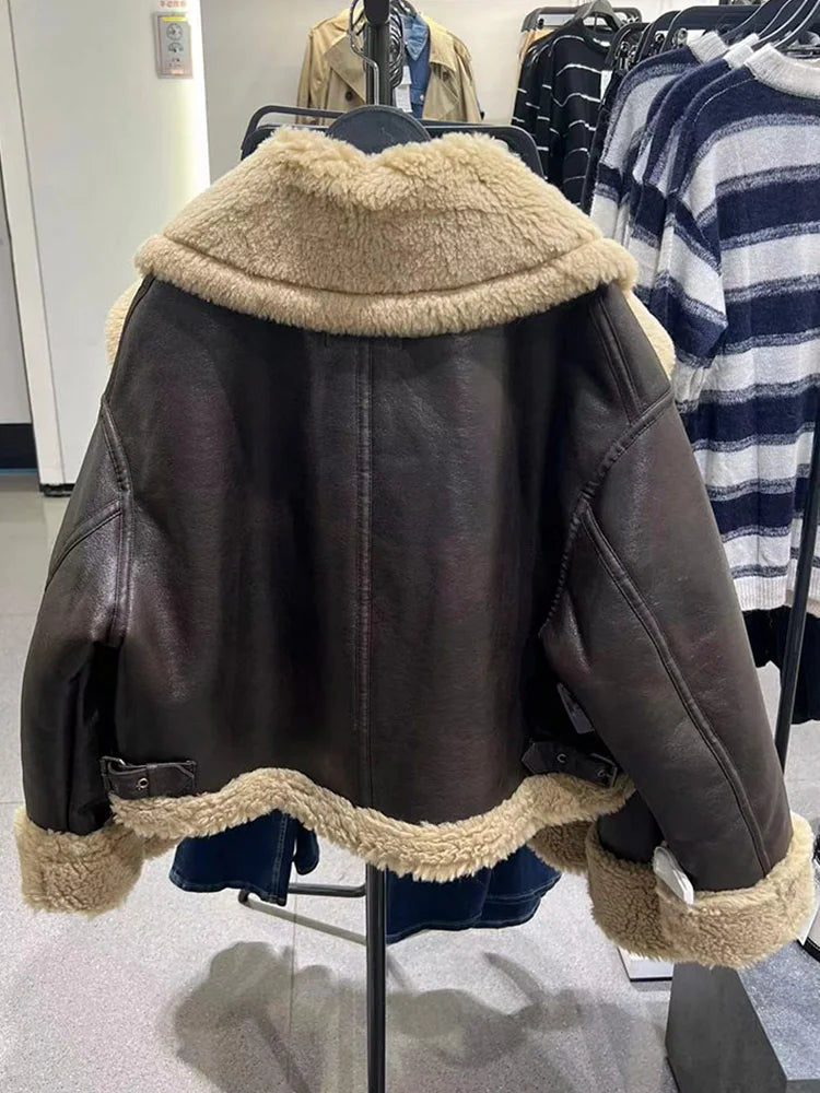 Veste en faux cuir agneau fermeture éclair vintage pour femmes