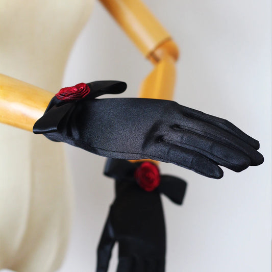 Gants élégants pour mariage, gants de poignet courts, fil rouge, rose, satin noir